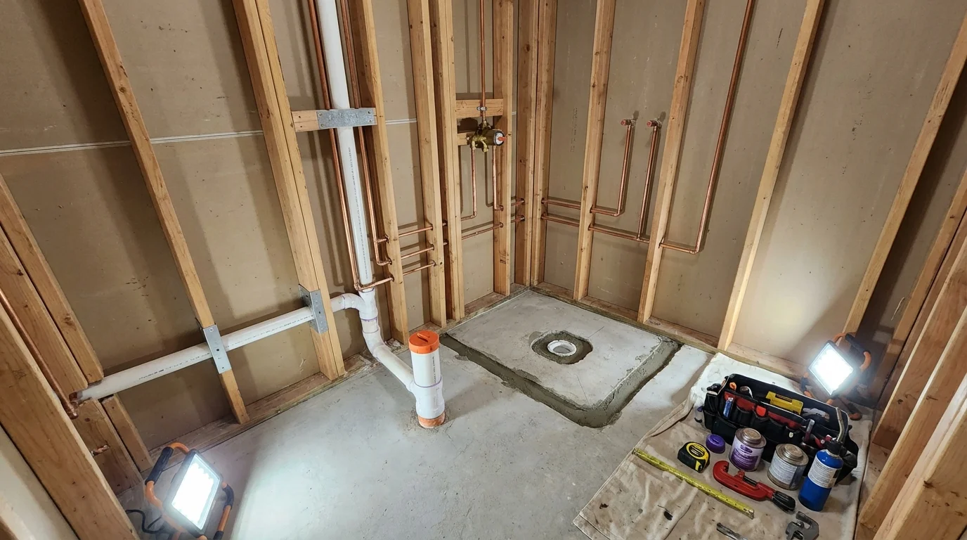 Bathroom rough-in plumbing during remodel by Johns Plumbing LLC in Owens Cross Roads