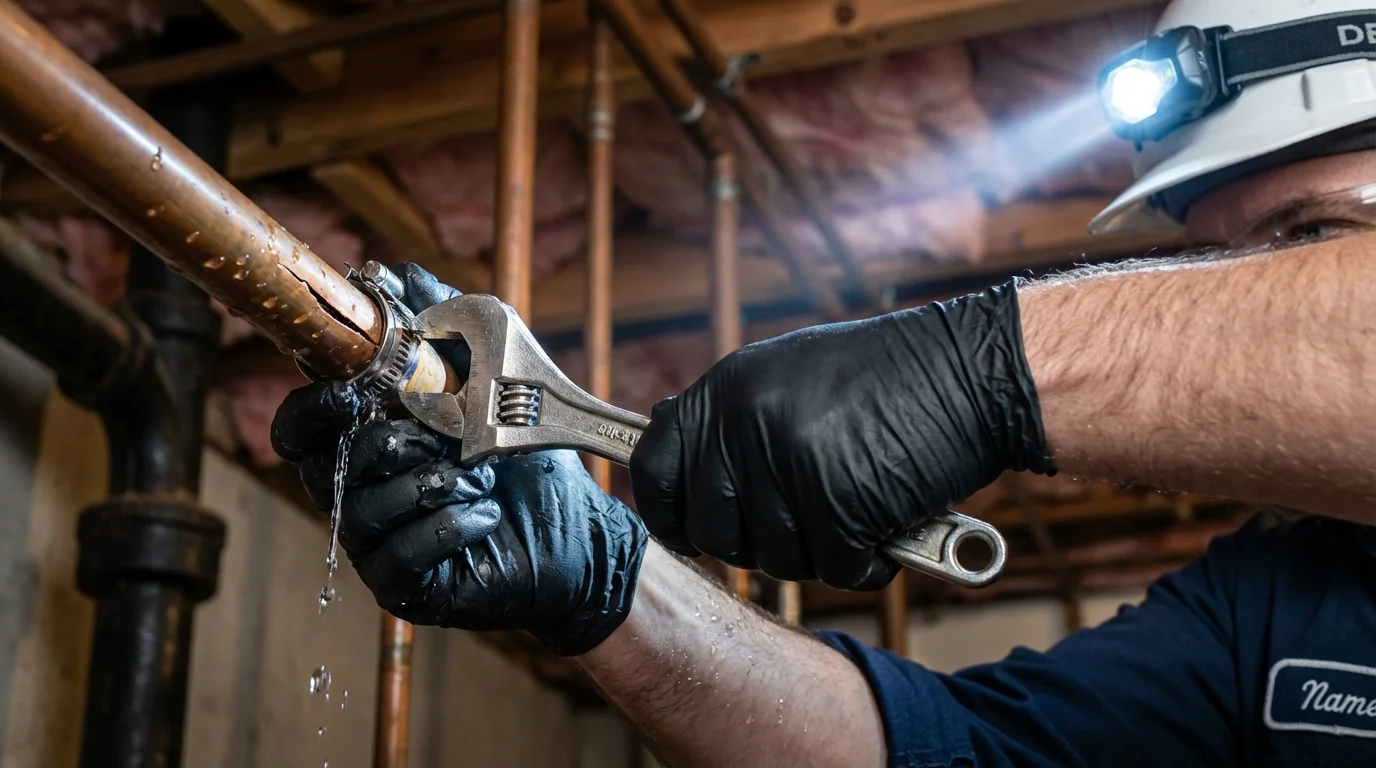 Emergency pipe clamp repair being performed by a Johns Plumbing LLC plumber in Owens Cross Roads
