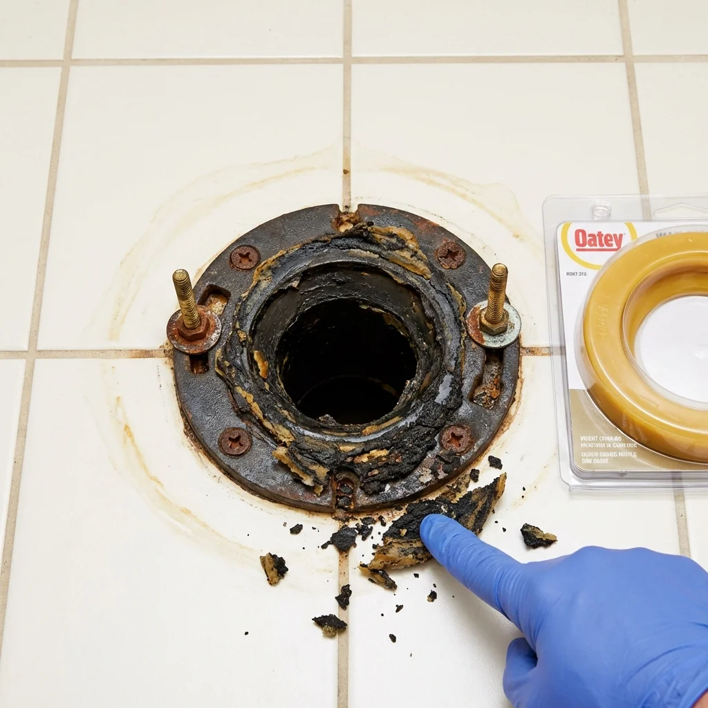 Failed wax ring showing water seepage at the base of a toilet in a Owens Cross Roads, AL home