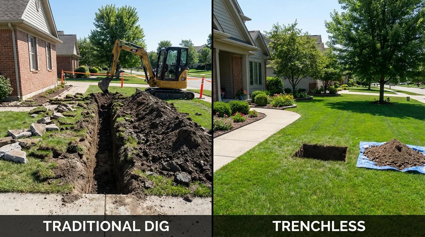 Trenchless sewer repair with minimal yard damage versus traditional excavation in Owens Cross Roads, AL