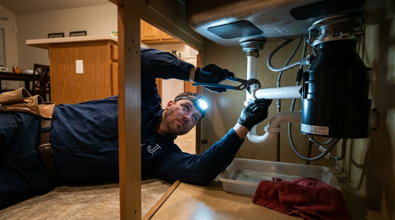 P-trap and supply line connections under a kitchen sink showing a common leak point in Owens Cross Roads, AL